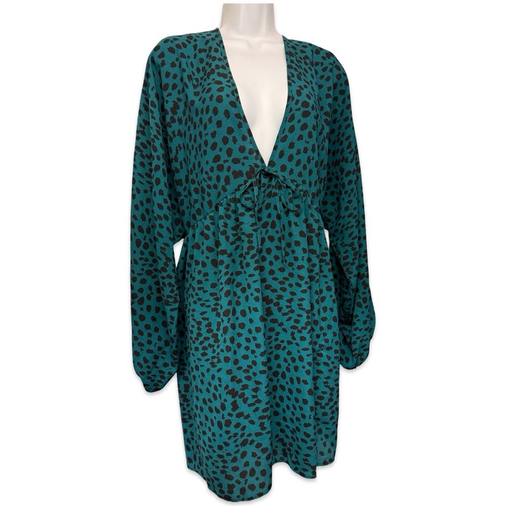 ASOS Curve Green Animal Print Plunging V-Neck Babydoll Dress - Size 14